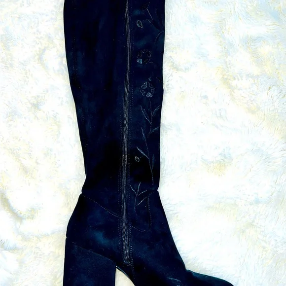 CAFE NOIR Embroidered Knee High Women’s Black Suede Boots, Italian Made EU37 US7 - Picture 5 of 8